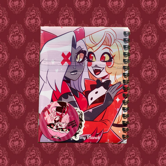 Sketchbook rilegato a mano in carta ecologica - ispirato ai personaggi dell'inferno di Hazbin Hotel - 2 random stickers in omaggio